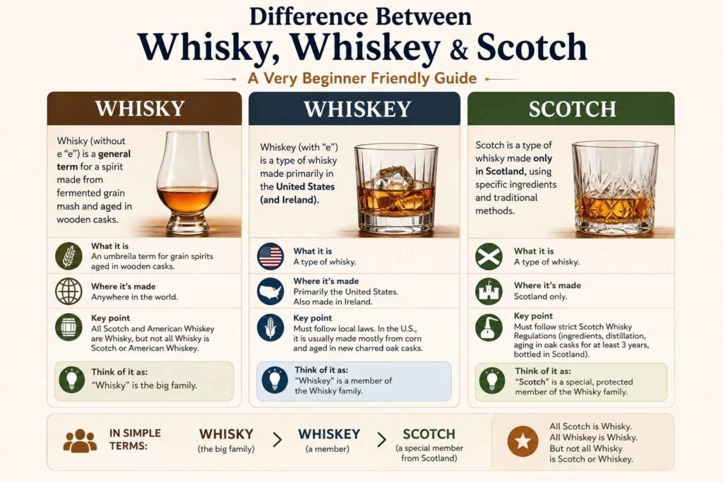 Difference Between Whisky, Whiskey & Scotch, A very Beginner Friendly Guide